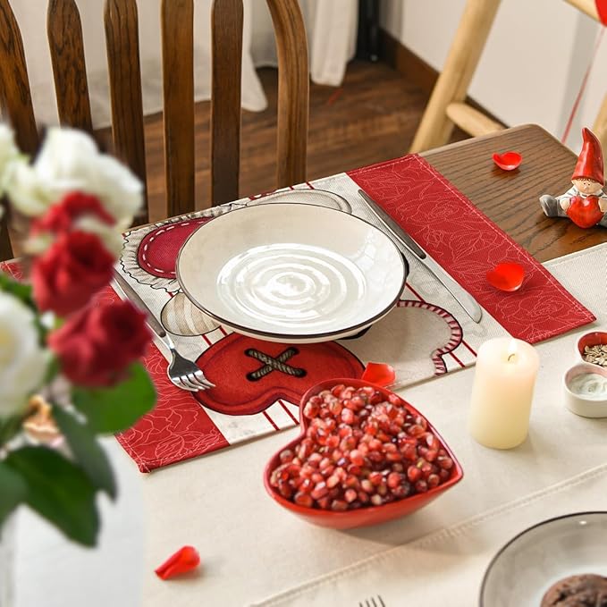 Artoid Mode Red Heart-Shaped Buttons Valentine Placemats Set of 4, 12x18 Inch - Image 6