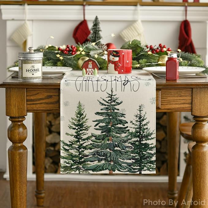 Artoid Mode Beige Pine Tree Snowflake Merry Christmas Table Runner, Seasonal - Image 7