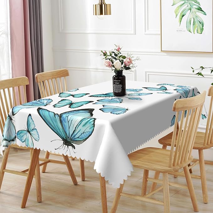 52x70inches Blue Butterfly Rectangle Tablecloth Nature Butterflies White by TTQYFNM