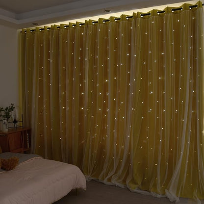 Kinryb Yellow Star Cut-Out Blackout Curtains Soundproof Double Layer Curtain - Image 4