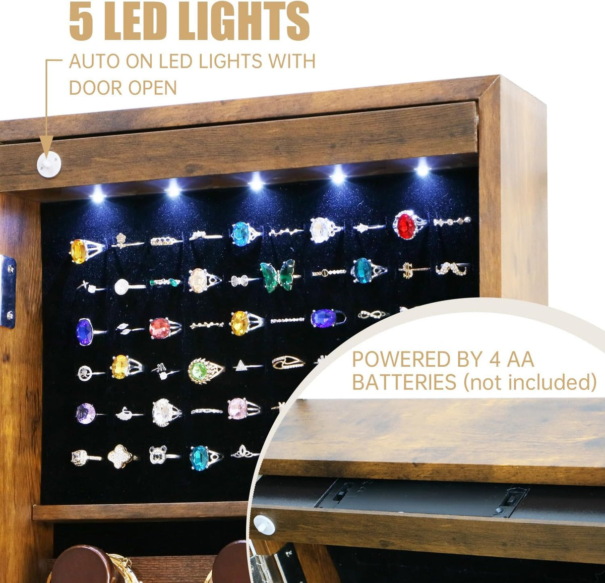 full length mirror jewelry cabinet organizer lockable door shown in use
