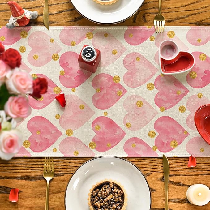 Artoid Mode Golden Pink Love Table Runner, Seasonal Anniversary Kitchen Dining - Image 7