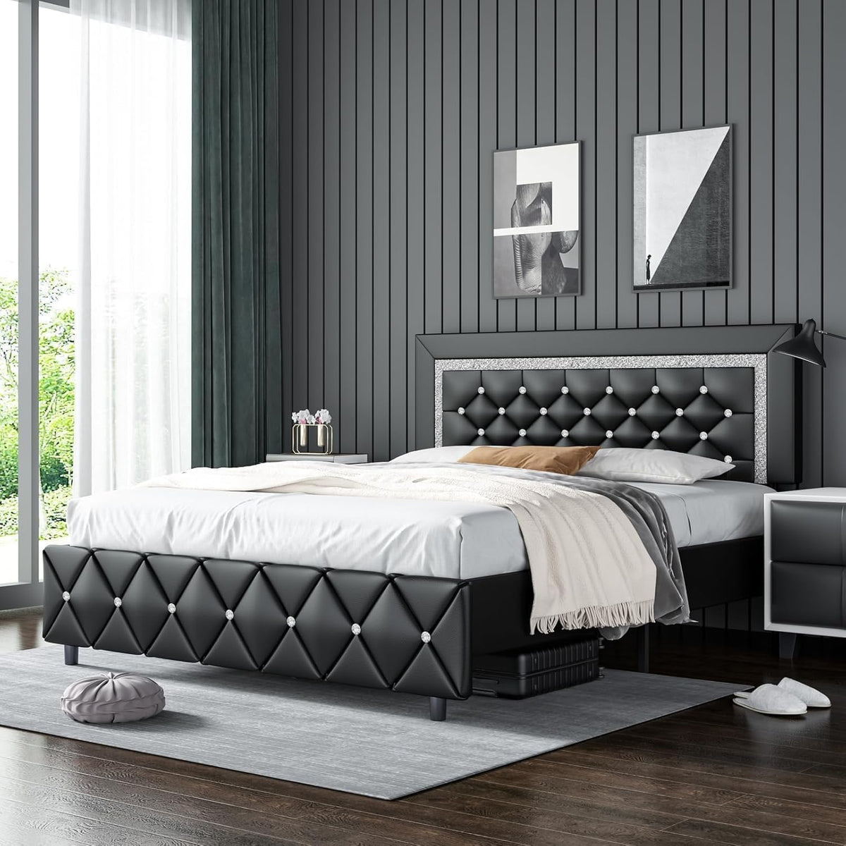 hombck full size bed frame, upholstered platform bed, front angle view