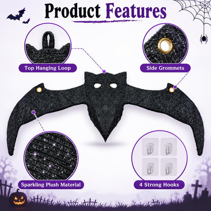 Lighted Hanging Bat Halloween Window Decorations, Large Spooky Glowing Purple LED Bat Halloween Decorations Outdoor Indoor with Auto-Timer, Sparkling Plush & Hooks for Front Porch Window Tree Mantel