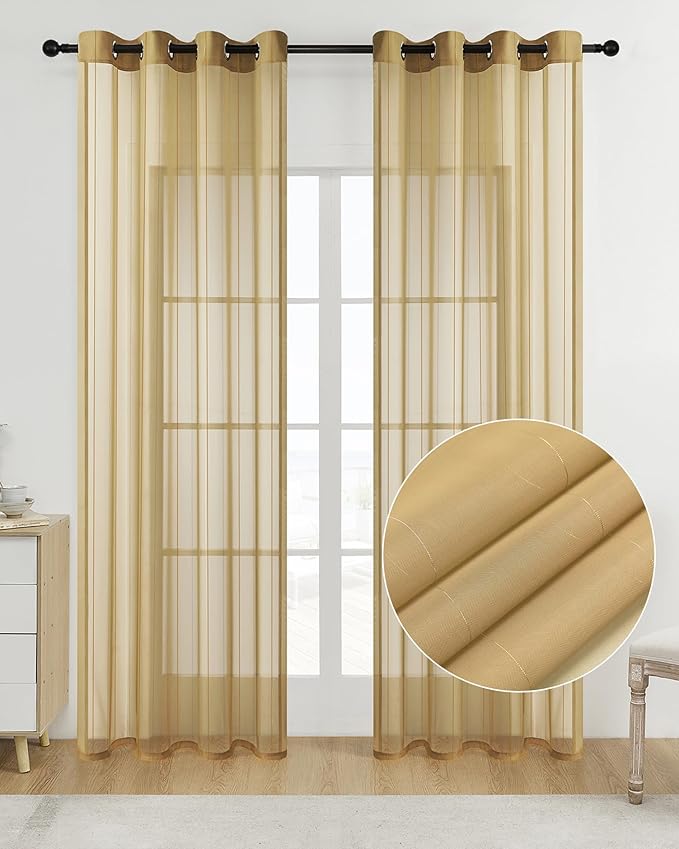 Foil Stripe Gold Sheer Curtains 84 inches Length 2 Panels by MISSTIAM