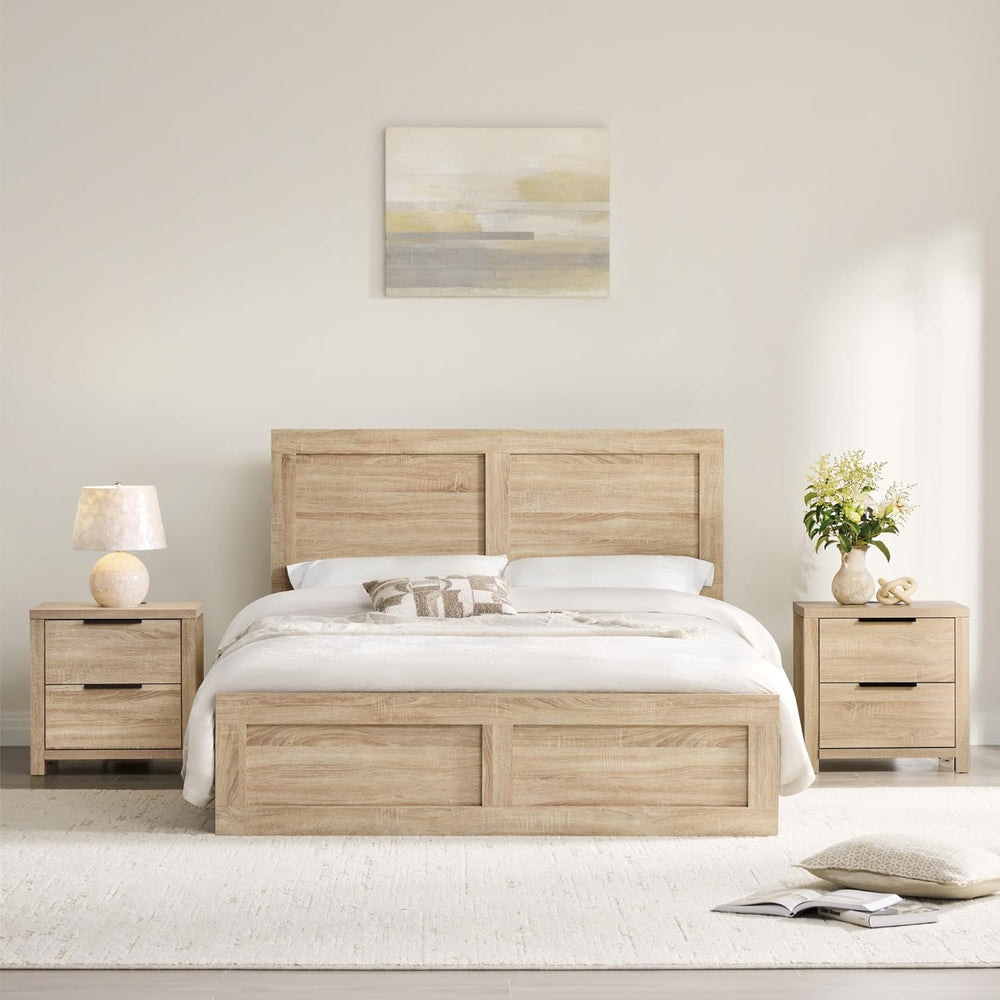 KISLOT 3-Piece Bedroom Set, Bed Frame & 2 Nightstands, Natural, Queen