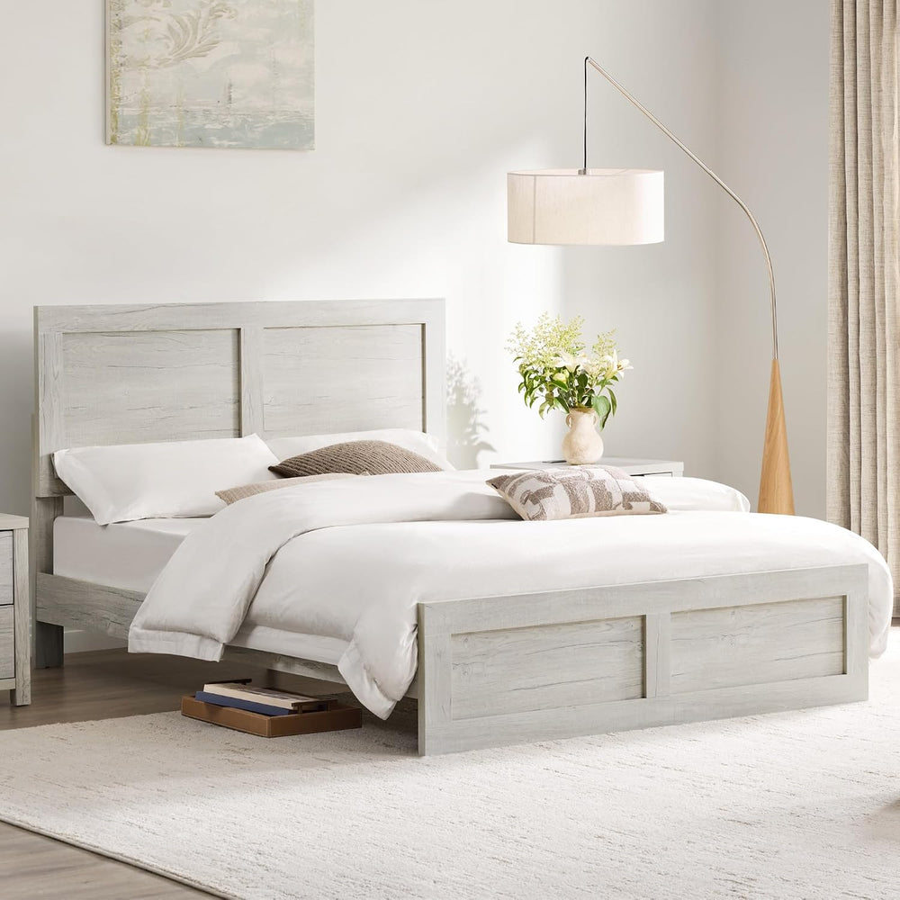 KISLOT Wood Bed Frame with Headboard and Footboard, Light Gray, Queen