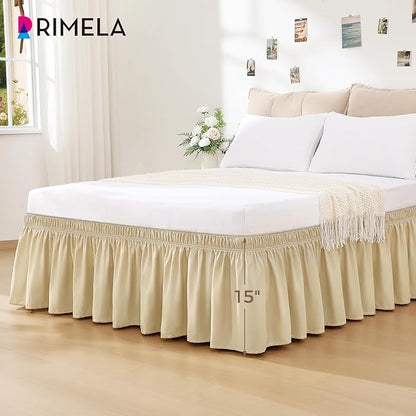 RIMELA Beige White Bed Skirt King Size 18 Inch Drop, Elastic Bed Skirting - Image 3