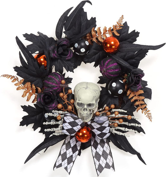 Halloween Wreath for Front Door Halloween Skeleton Decorations, 20 Inch Pumpkin Wreath with Skull Black Roses Maple Leaves for Window Indoor Outside Home Party Decor
