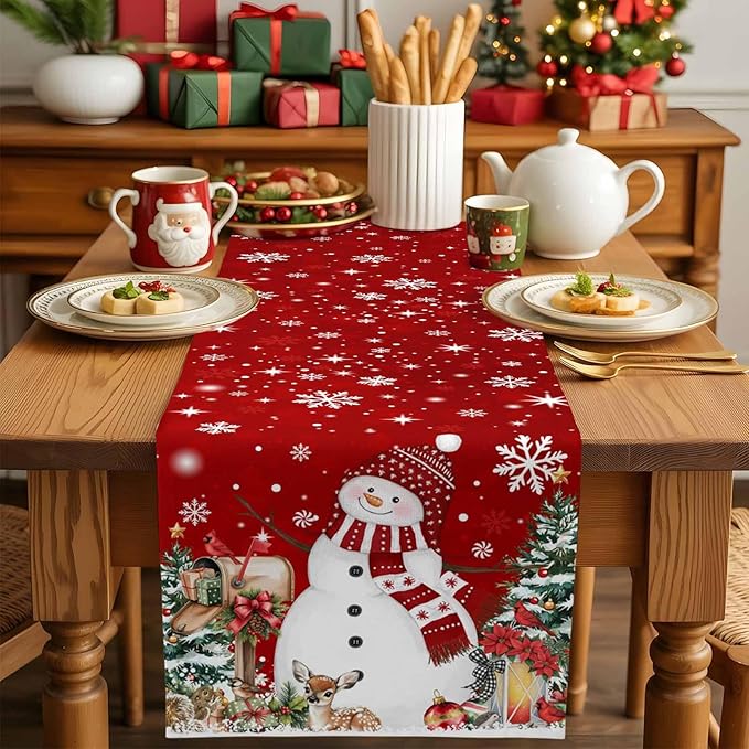 Red Snowman Christmas Table Runner, 13x120 Inch, Xmas Tree Table Runners Elk - Image 4