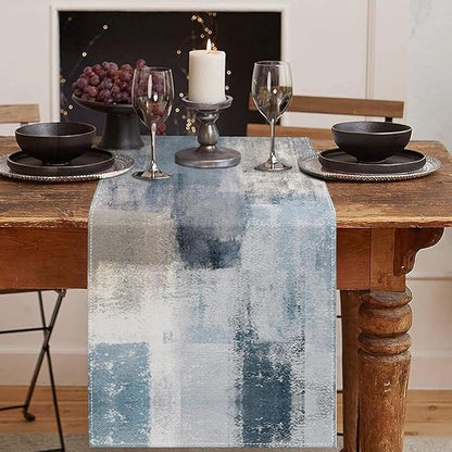 Emvency Farmhouse Table Runner, Vintage Blue and Grey Abstract Art Painting by Emvency