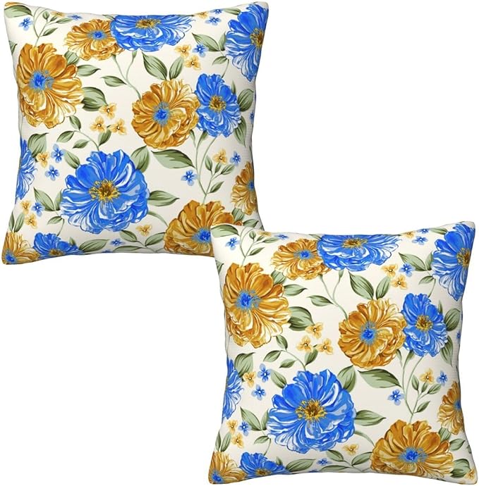 Blue and Yellow Floral Throw Pillow Covers 18x18 Inch Set of 2, Decorative Blue - Image 7