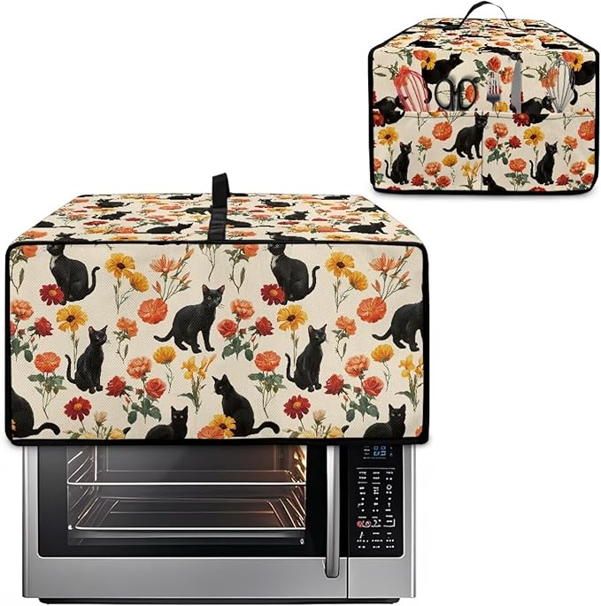 Black Cat Rose Daisy Floral Print Microwave Oven Cover - Image 2