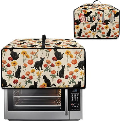 Black Cat Rose Daisy Floral Print Microwave Oven Cover - Image 2