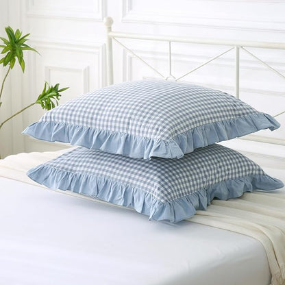 Dusty Blue Plaid Ruffle Throw Pillow Covers - Image 5