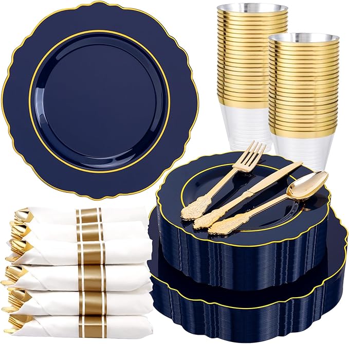 Liacere 350PCS Navy Blue Plastic Plates-Disposable Blue Gold Plates 50guest Plastic Dinnerware include 100Plates,50Pack Pre Rolled Napkins with Silverware 50Cups for Wedding＆Halloween