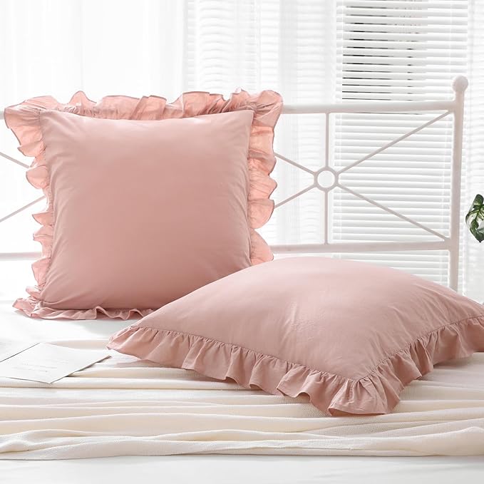 Dusty Rose Ruffle Euro Pillow Shams, Shabby 2 Pack Pillow Sham Covers Washed by Mywinlle