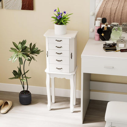 charmaid standing jewelry cabinet with 4 drawers, flip shown in use