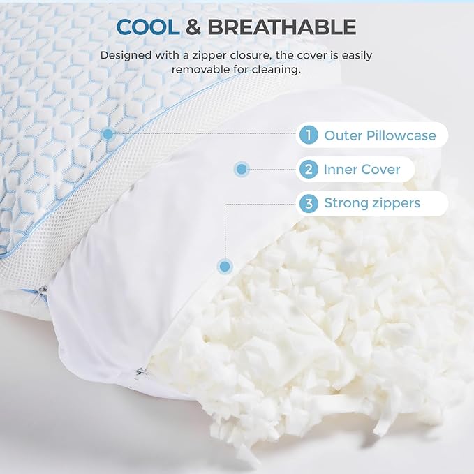 Sweetnight Cooling Pillows Queen Size Set of 2, Shredded Memory Foam Pillows 2 - Image 6