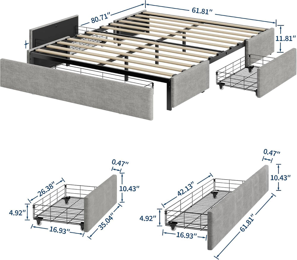 Garvee Queen Size Bed Frame with 3 Underbed Storage Drawers Light Gray
