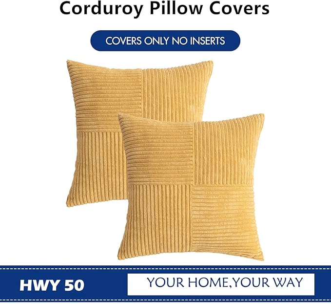 HWY 50 Mustard Yellow Corduroy Patchwork Throw Pillow Covers 18x18 Inch - Image 7