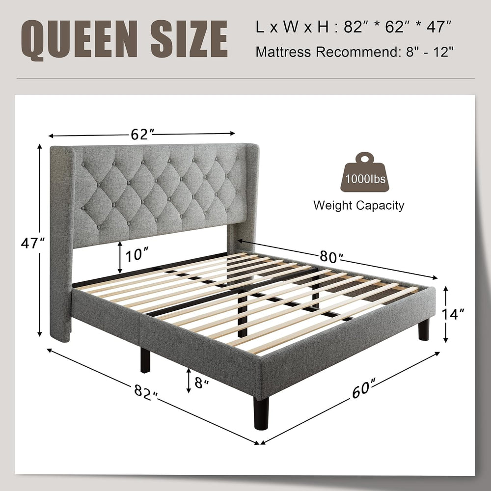 Einhomn Queen Size Platform Bed Frame with Fabric Upholstered Wingback Headbo...