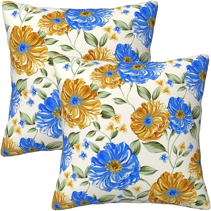 Blue and Yellow Floral Throw Pillow Covers 18x18 Inch Set of 2, Decorative Blue - Image 6