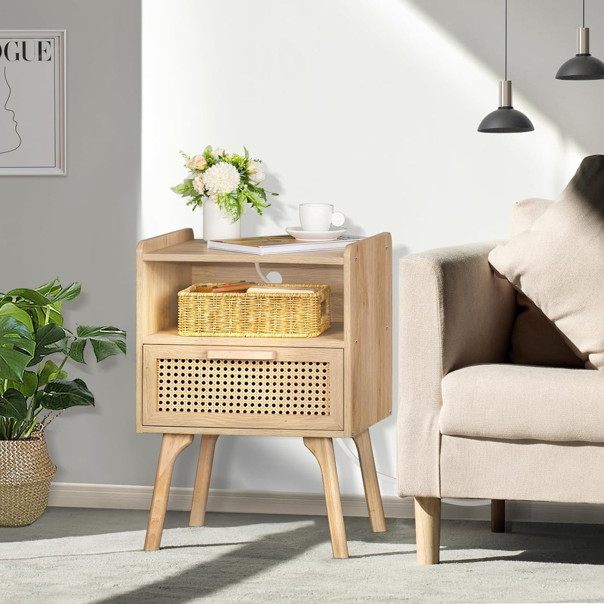 lerliuo rattan nightstand with charging station, boho night, side view