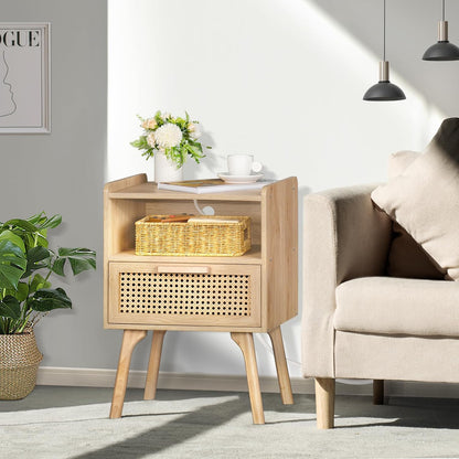 lerliuo rattan nightstand with charging station, boho night, side view