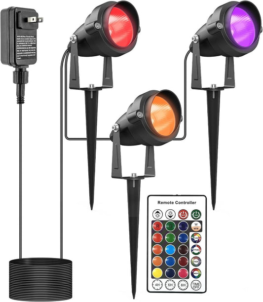 Halloween Spotlights Outdoor with Timer, Colored Warm White 15W Individual Control Spot Lights, IP65 Waterproof Landscape Lights for Yard Garden, 3 Lights