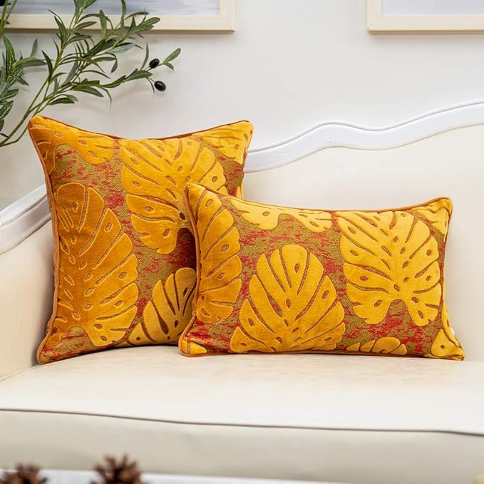 Alerfa 18 x 18 Inch Square Leaf Pillow Embroidery Cut Velvet Cushion Case - Image 4