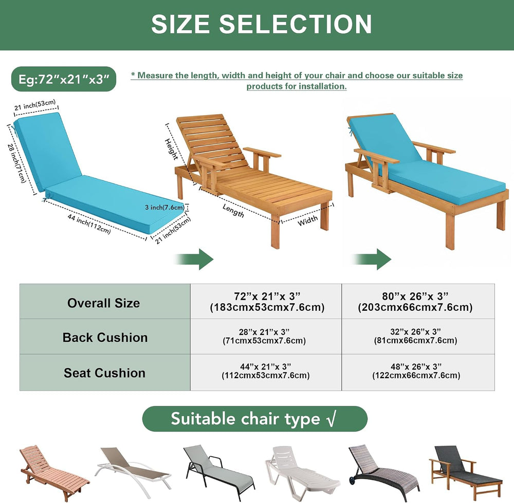Summsun Chaise Lounge Cushions Outdoor Set of 2, 72 x 21 x 3 Inch, Teal