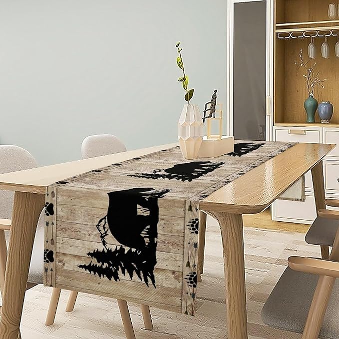 Bear Table Runner, Wild Animals Rustic Cabin Forest Bear Print Wooden Board - Image 3