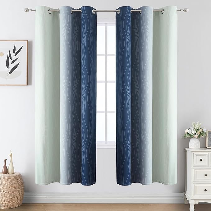 Estelar Textiler Navy Blue and Sage Green Ombre Blackout Curtains 72 Inches - Image 2
