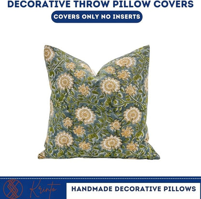 Designer Floral on Natural Linen Pillow Cover | Blue Green and Mustard Pillow - Image 2