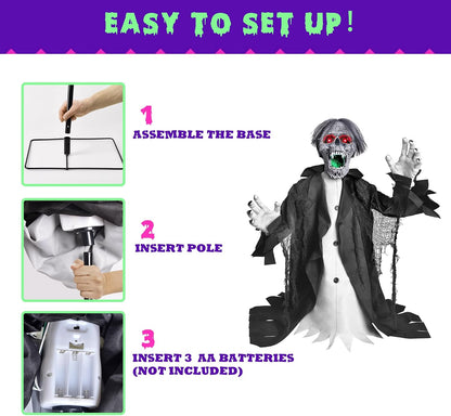 Halloween Animatronic Zombie Groundbreaker Decoration, 2.3 FT Motion & Sound Activated Scary Outdoor Prop with Light-Up Eyes for Yard, Lawn, Patio & Haunted House