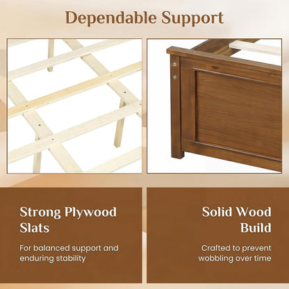 komfott queen size bed frame, farmhouse wooden platform showing dimensions