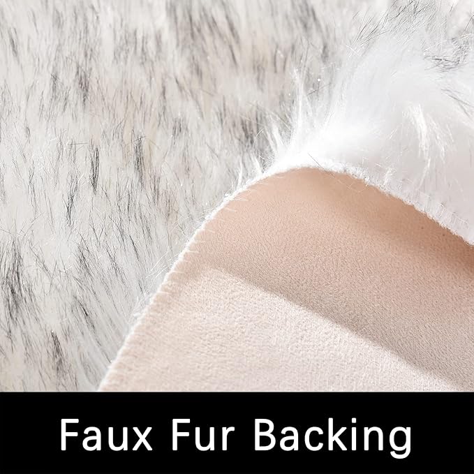 Latepis White with Grey Tips Round Rugs 5ft Washable Faux Sheepskin Fur Rug - Image 3