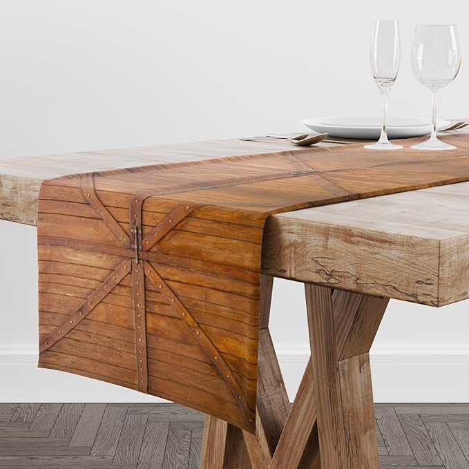 Rustic Wooden Barn Door Table Runner Vintage Western Country Kitchen Dinner - Image 2