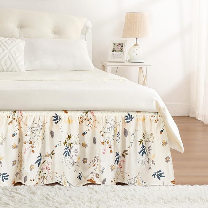 RIMELA Cream Balloon Bed Skirt Queen Size 15 Inch Drop, Elastic Bed Skirting by RIMELABedSkirt
