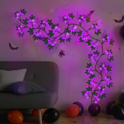 9FT 72 LED Halloween Willow Vine Twig Decor Black Halloween Garland with Bat & LED Purple Lights, 8 Modes Waterproof Battery Operated Halloween Lights Indoor Halloween Decorations for Home Wall Table