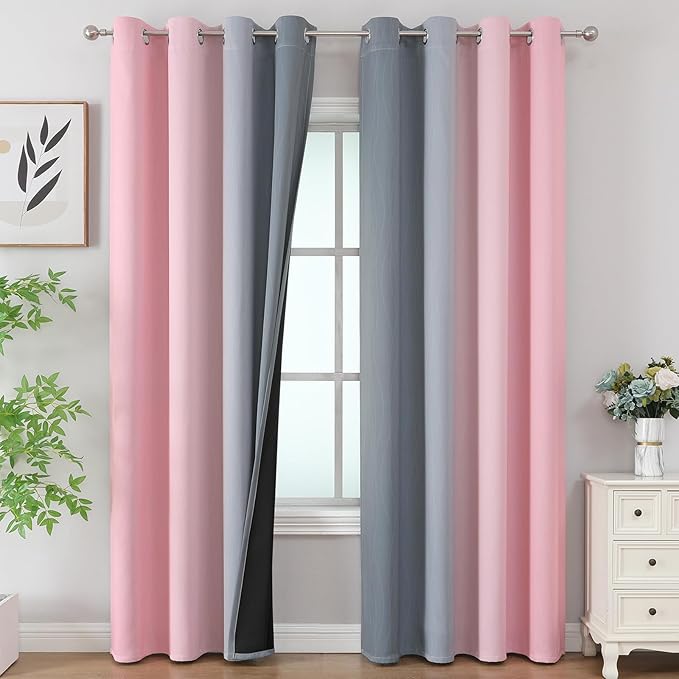Ombre Pink and Gray Blackout Curtains 96 Inches Long, Full Room Darkening by ESTELARTEXTILER