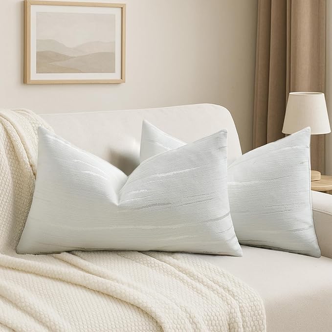 HAUSSY White Throw Pillow Covers 12x20 Inch Set of 2, Boho Embossed Striped by HAUSSY