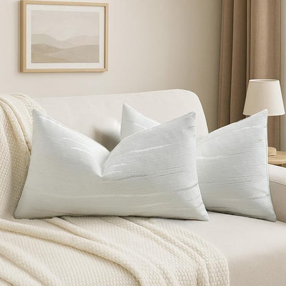 HAUSSY White Throw Pillow Covers 12x20 Inch Set of 2, Boho Embossed Striped by HAUSSY