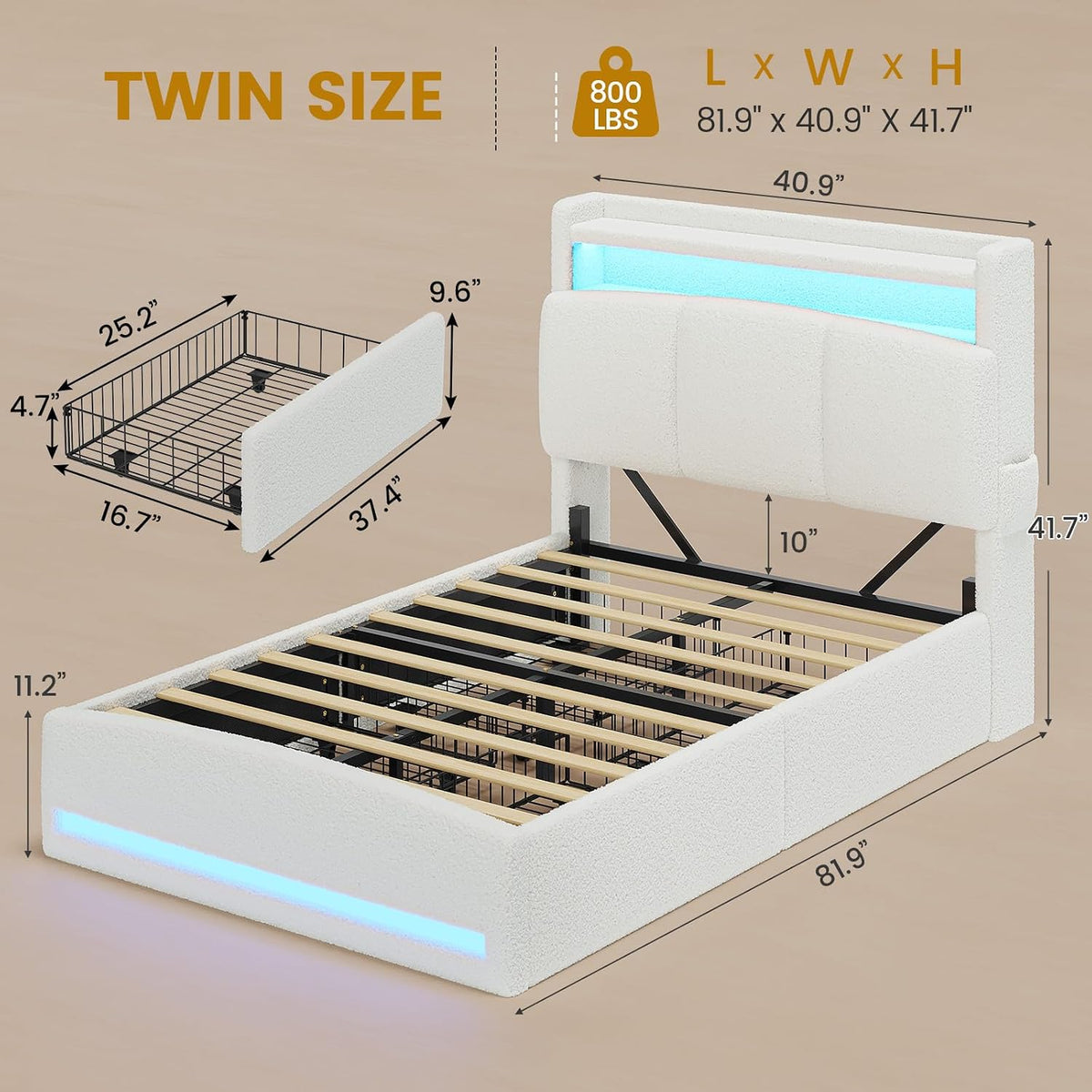 viagdo twin bed frames with storage headboard and shown in use