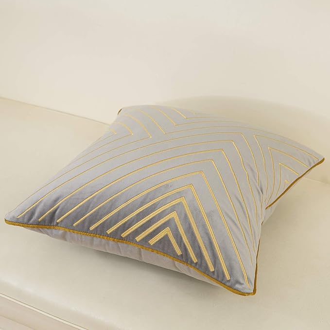 Avigers 20 x 20 Inch Grey Gold Striped Geometric Lines Embroidery Velvet - Image 3