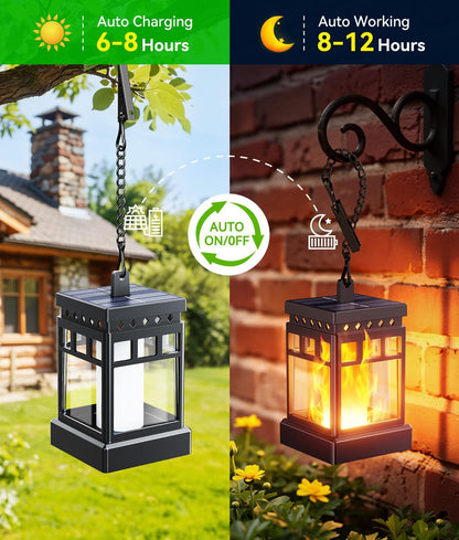 KOOPER Hanging Solar Lanterns Outdoor Waterproof, 4PCS Flickering Flame Hanging Solar Lights for Outside, Outdoor Solar Lanterns up to 12 Hours, Halloween Lanterns Decorative for Patio Yard Garden