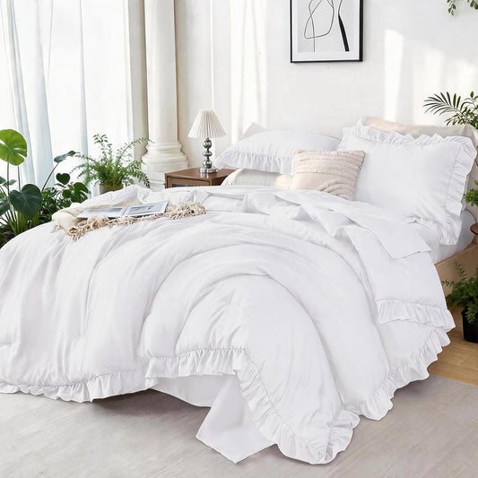 zrnbast white ruffle bedding set twin, 5-piece bed, main product view