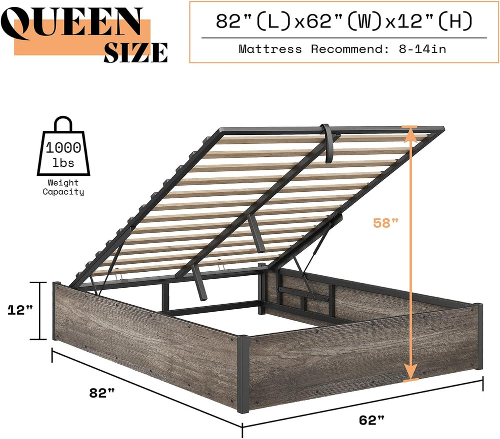 AMERLIFE Queen Size Lift Up Storage Bed Frame, Rustic Grey