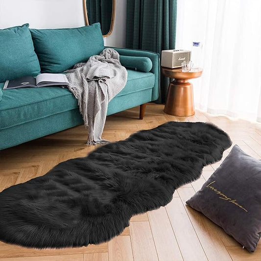 Latepis Black Runner Rugs 2x6 Faux Sheepskin Fur Rug by Latepis